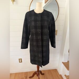 Eileen Fisher Black & Gray Plaid Collarless Snap Close 100% Linen Winter Jacket